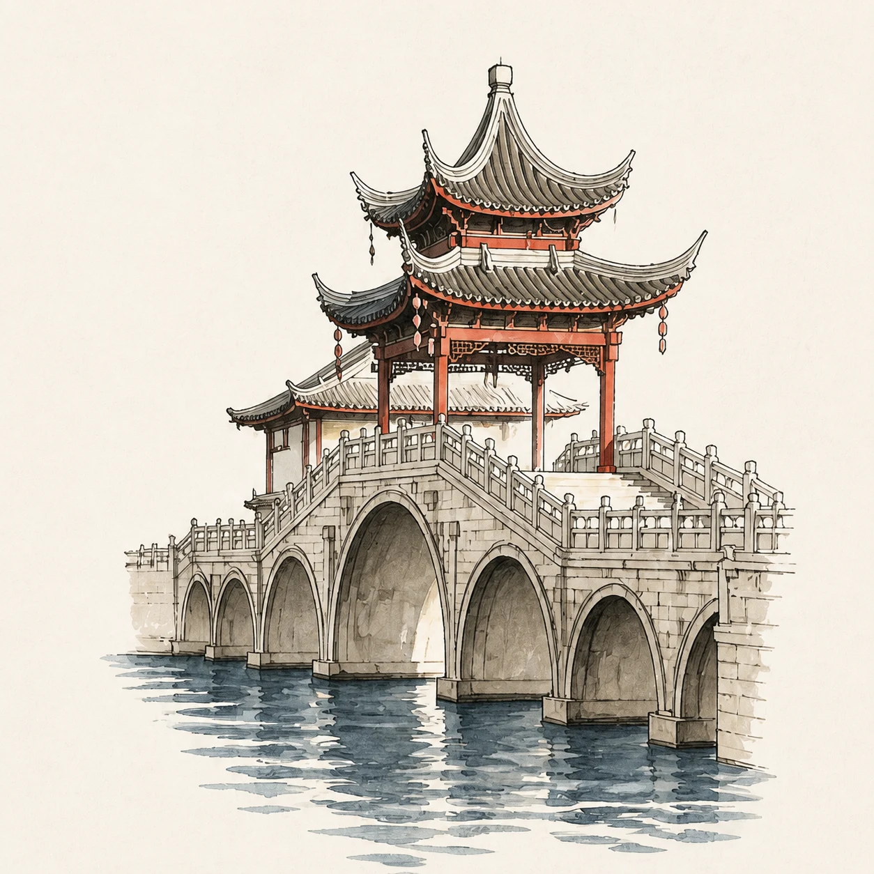 Hand-drawn ivory-toned illustration of a pavilion beside a bridge.