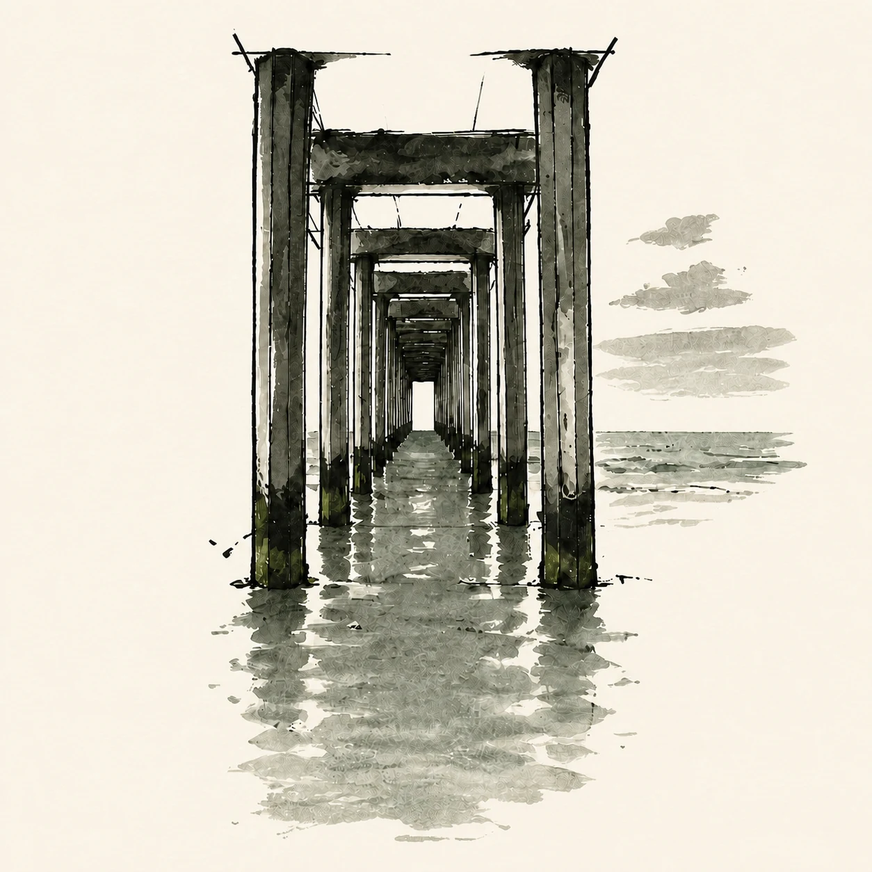 Hand-drawn ivory-toned illustration of a pier.