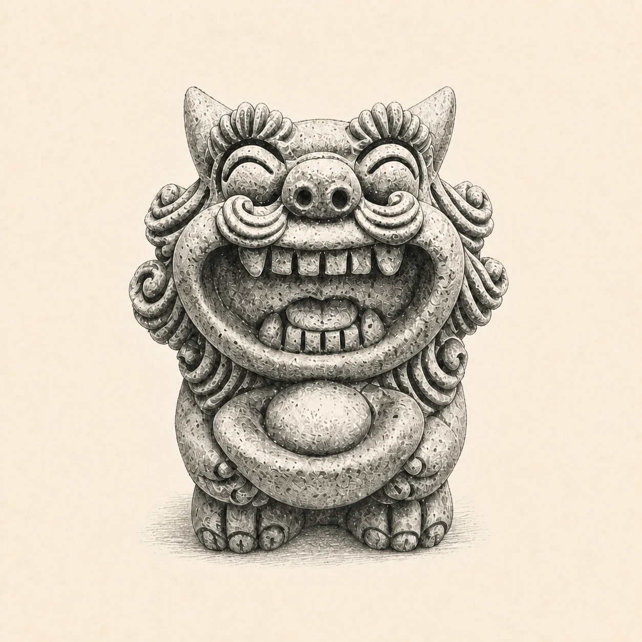 Hand-drawn ivory-toned illustration of a stone guardian figure.